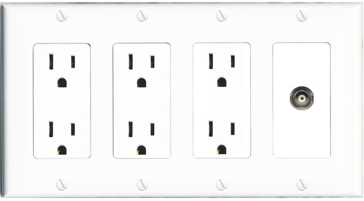 RiteAV BNC Wall Plate 4 Gang with 3 x 15A Duplex Power Outlets
