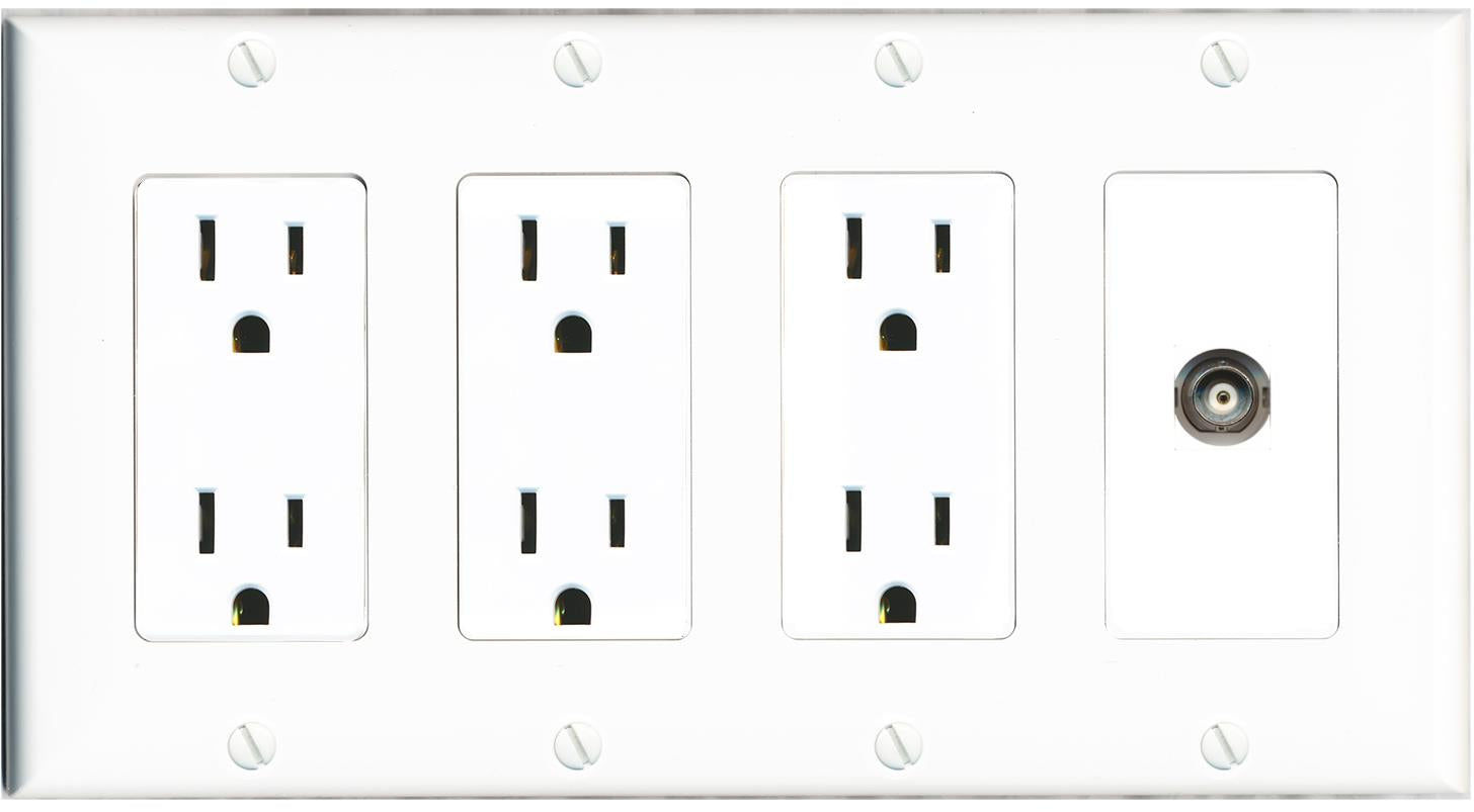 RiteAV BNC Wall Plate 4 Gang with 3 x 15A Duplex Power Outlets