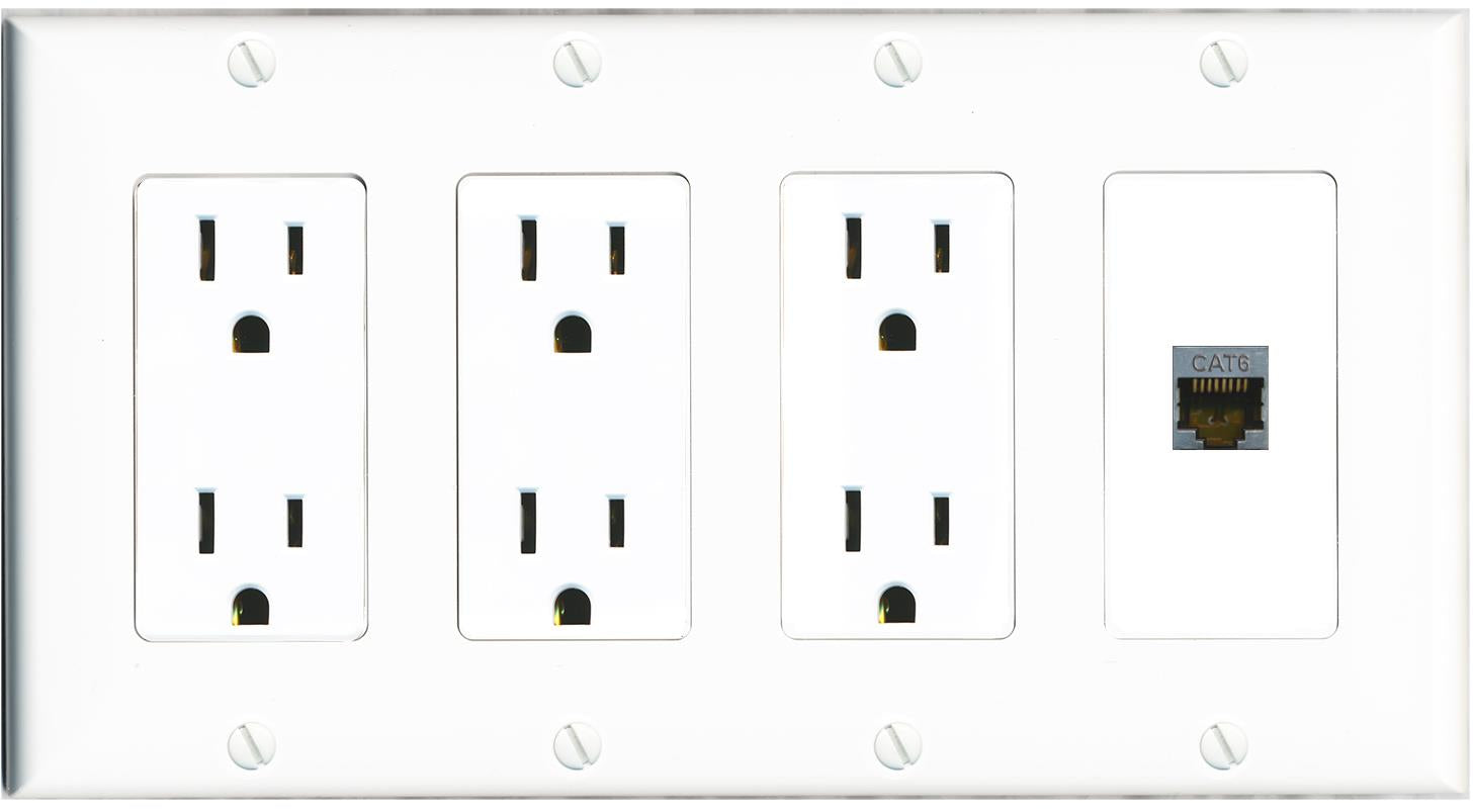 RiteAV CAT6-SHIELDED Wall Plate 4 Gang with 3 x 15A Duplex Power Outlets