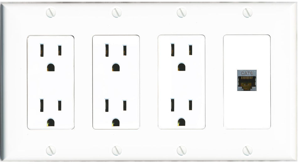 RiteAV CAT6-SHIELDED Wall Plate 4 Gang with 3 x 15A Duplex Power Outlets