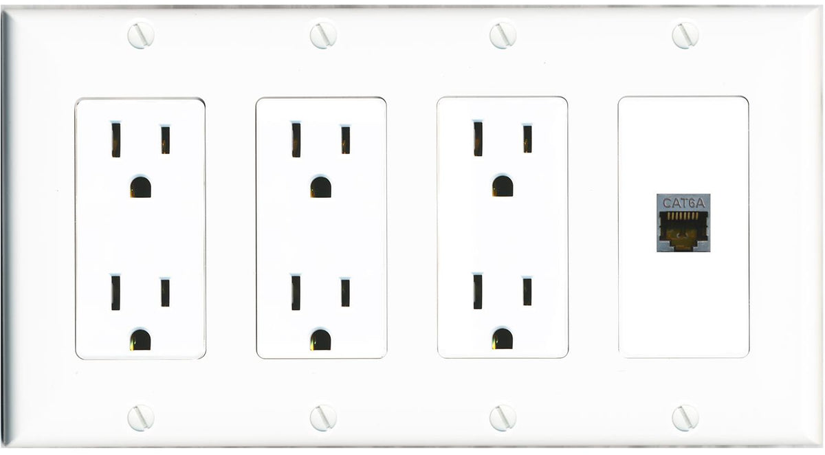 RiteAV CAT6A Wall Plate 4 Gang with 3 x 15A Duplex Power Outlets