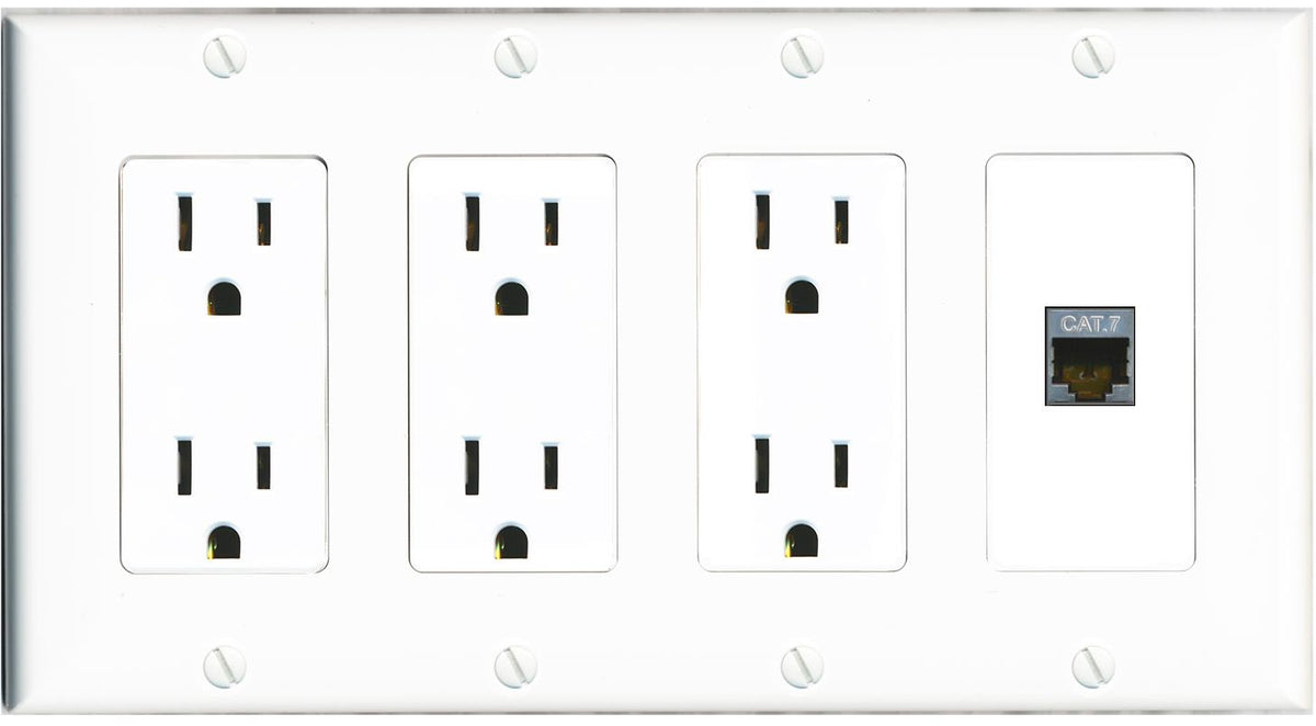 RiteAV CAT7 Wall Plate 4 Gang with 3 x 15A Duplex Power Outlets