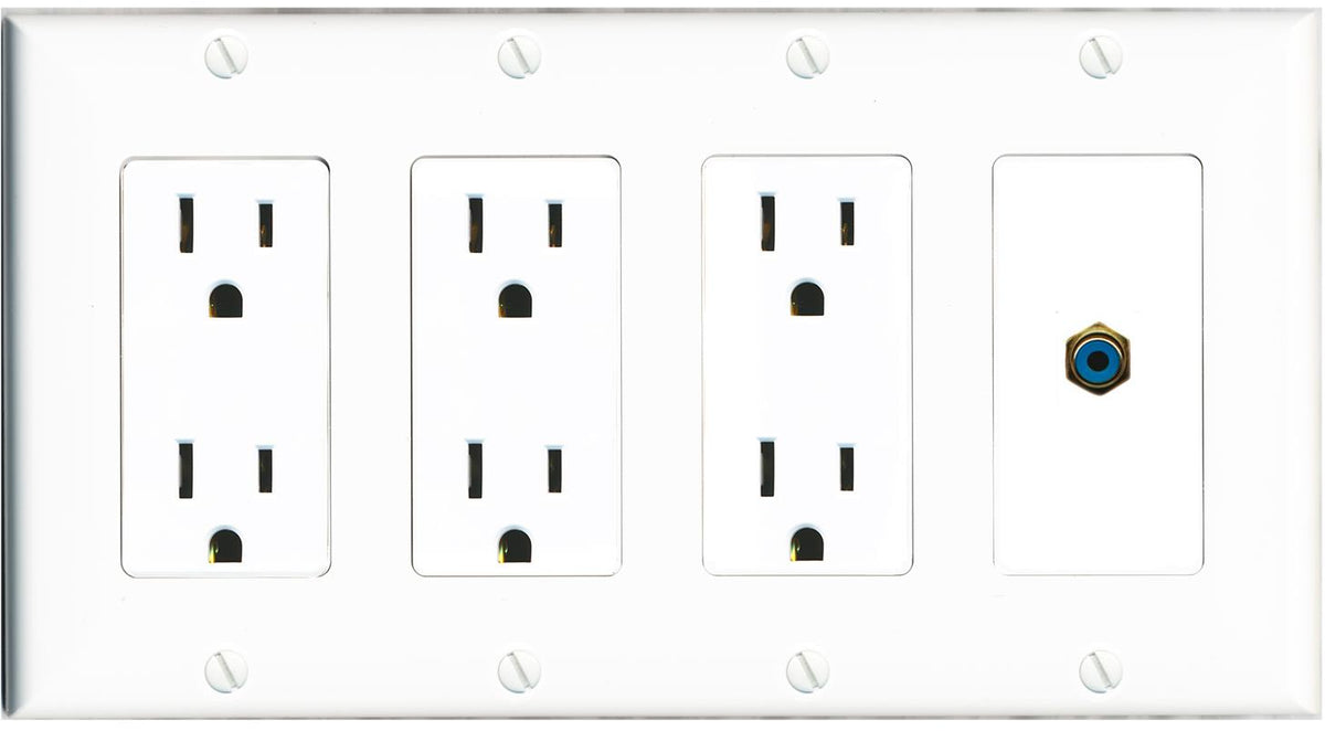 RiteAV RCA-BLUE Wall Plate 4 Gang with 3 x 15A Duplex Power Outlets