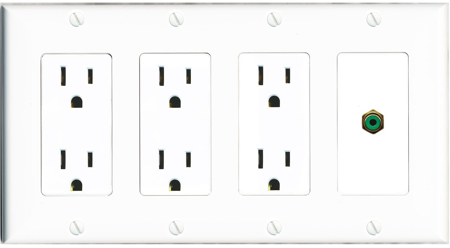 RiteAV RCA-GREEN Wall Plate 4 Gang with 3 x 15A Duplex Power Outlets