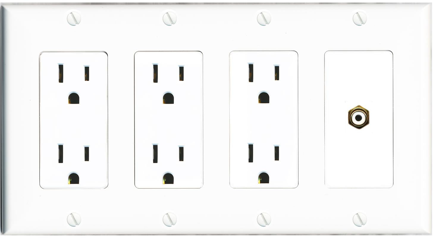 RiteAV RCA-WHITE Wall Plate 4 Gang with 3 x 15A Duplex Power Outlets