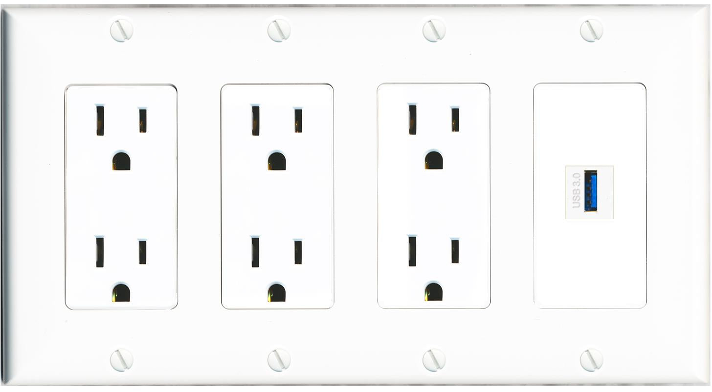 RiteAV USB-3 Wall Plate 4 Gang with 3 x 15A Duplex Power Outlets