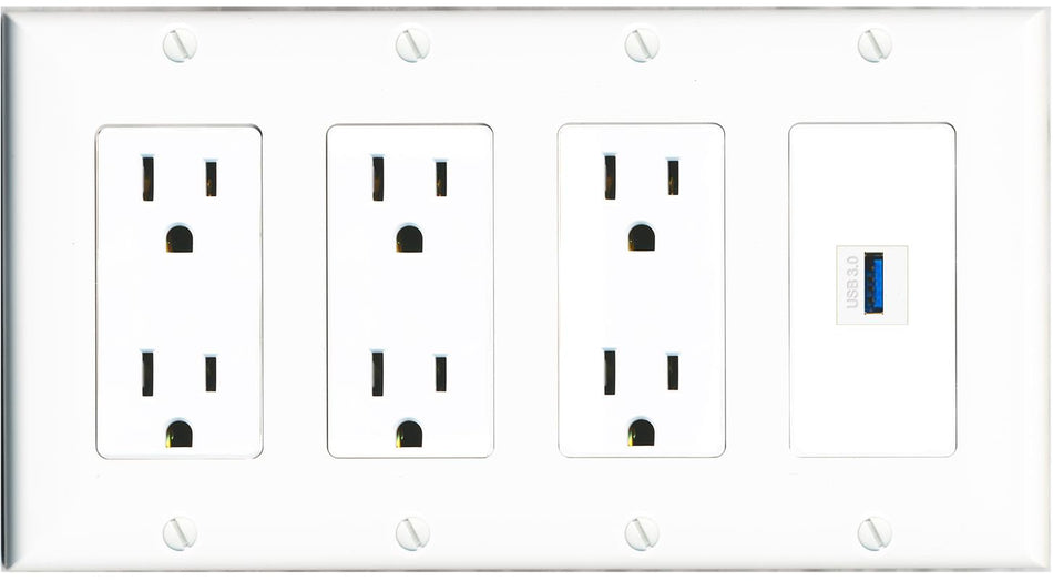 RiteAV USB-3 Wall Plate 4 Gang with 3 x 15A Duplex Power Outlets