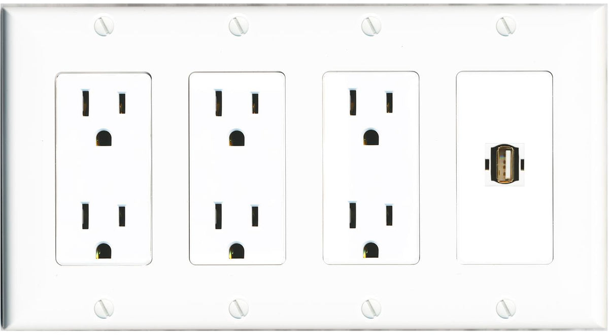 RiteAV USB2 Wall Plate 4 Gang with 3 x 15A Duplex Power Outlets