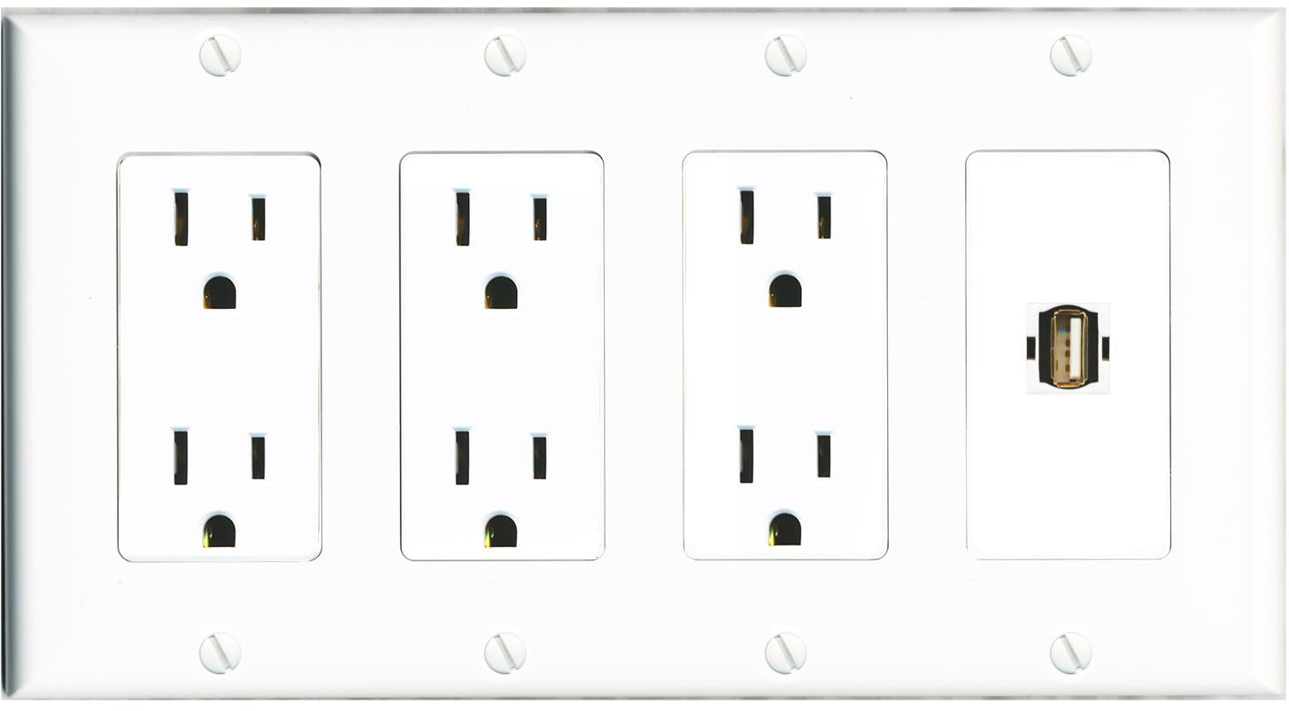 RiteAV USB2 Wall Plate 4 Gang with 3 x 15A Duplex Power Outlets