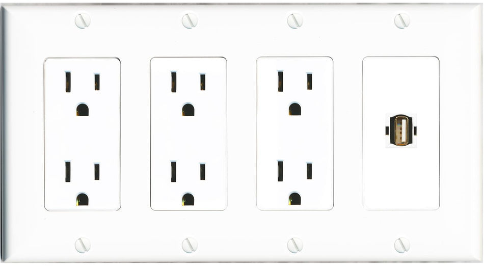 RiteAV USB2 Wall Plate 4 Gang with 3 x 15A Duplex Power Outlets