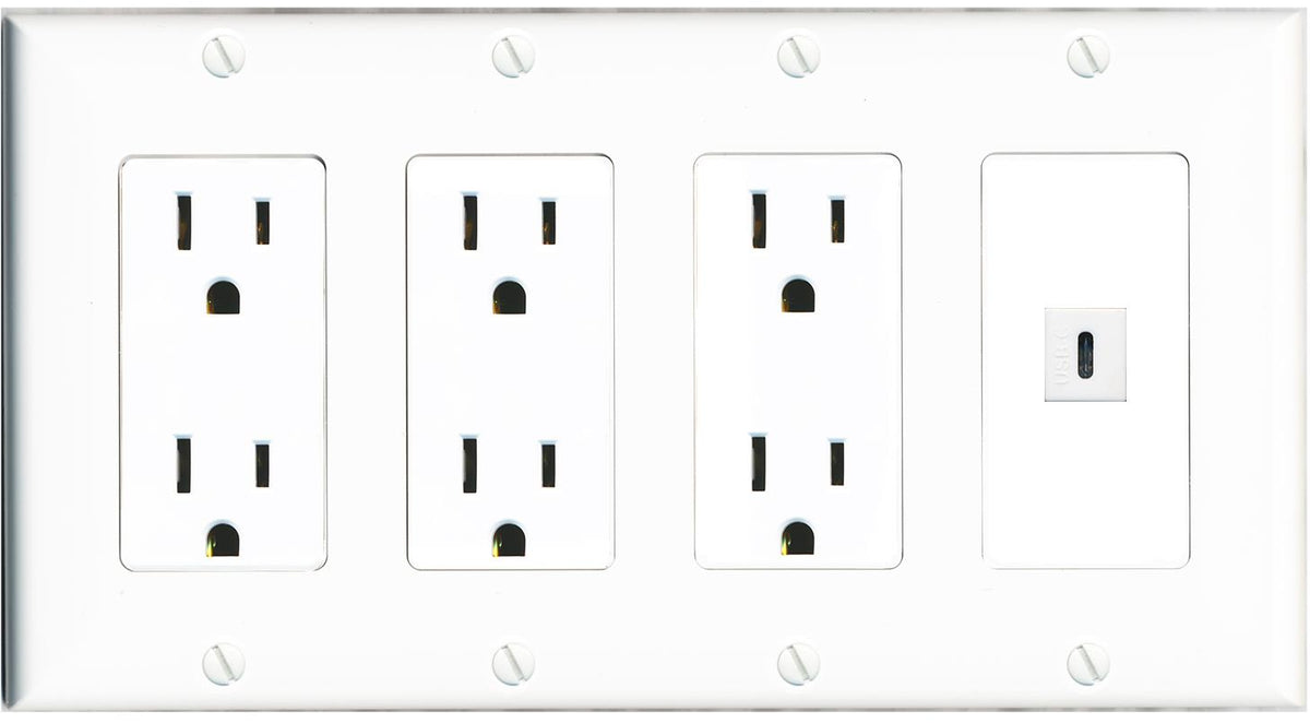 RiteAV USBC Wall Plate 4 Gang with 3 x 15A Duplex Power Outlets