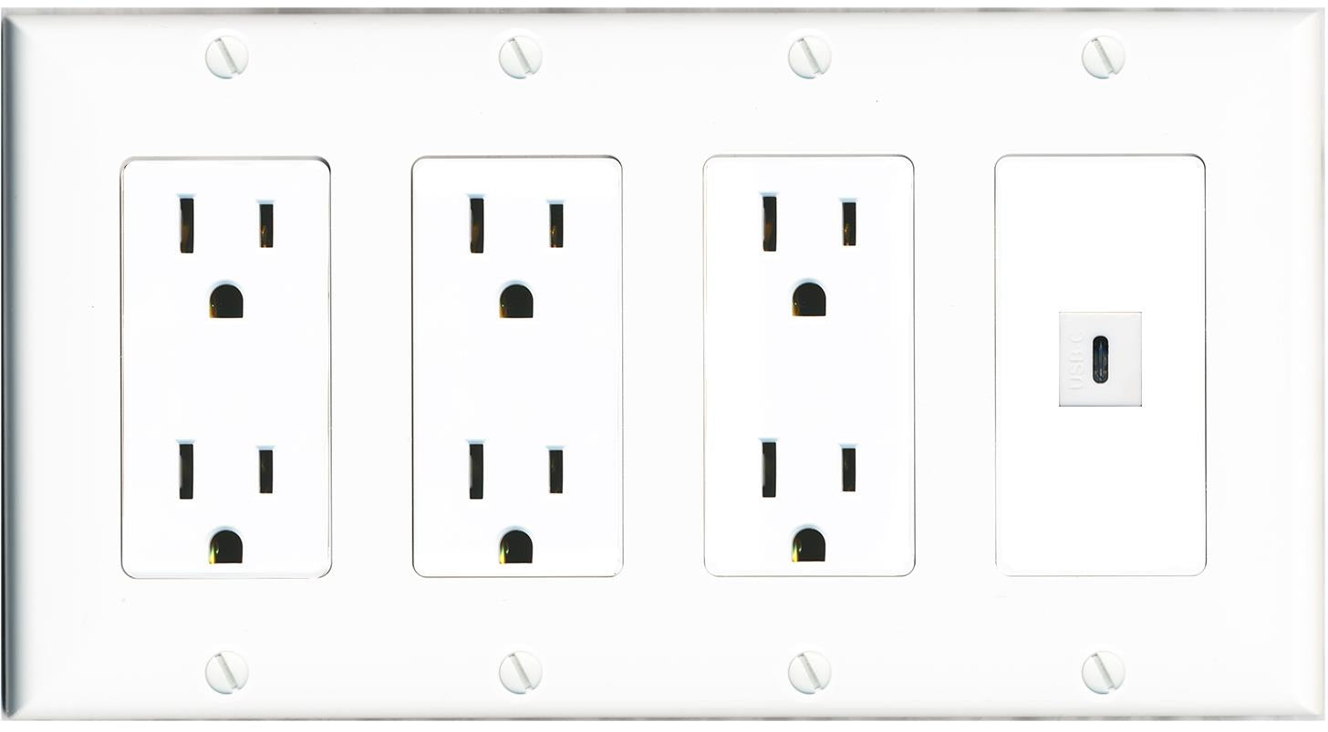 RiteAV USBC Wall Plate 4 Gang with 3 x 15A Duplex Power Outlets