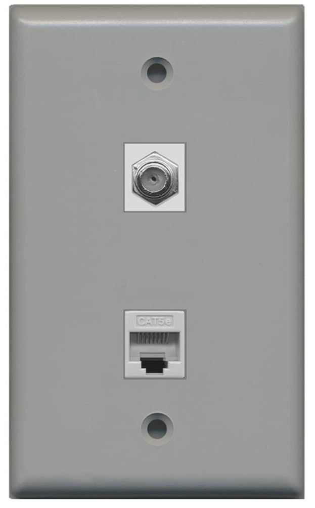 RiteAV - 1 Coax F Type and 1 Cat5e Ethernet Port Wall Plate - Gray - Bracket Included