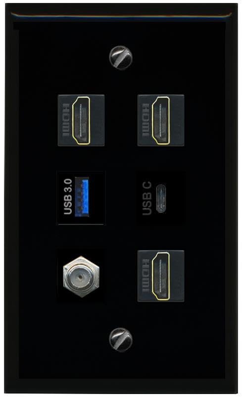 RiteAV COAX 3 HDMI USB 3 USBC Flat/Solid Wall Plate [Black]