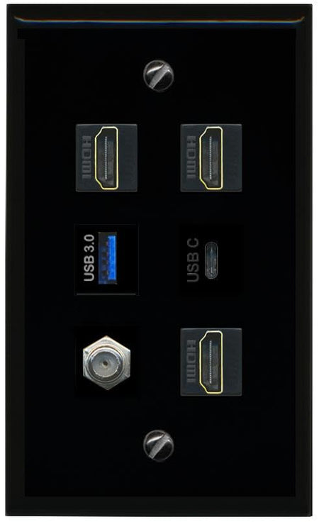 RiteAV COAX 3 HDMI USB 3 USBC Flat/Solid Wall Plate [Black]