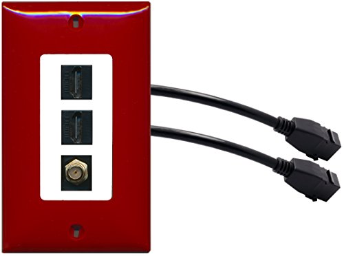 RiteAV (1 Gang Decorative) 2 HDMI Black Coax Wall Plate w/Pigtail Extension Cable Red on White