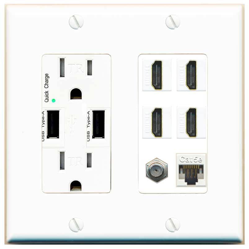 RiteAV USB Charger Outlet 15A/125V Dual 3.6A USB Charging Ports and 4 HDMI 1 Cat5e Ethernet 1 Coax Cable Decorz White Wall Plate