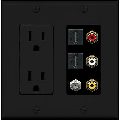 RiteAV Black 15A Power Outlet RCA Composite 2 HDMI 1 Coax Wall Plate 2 Gang