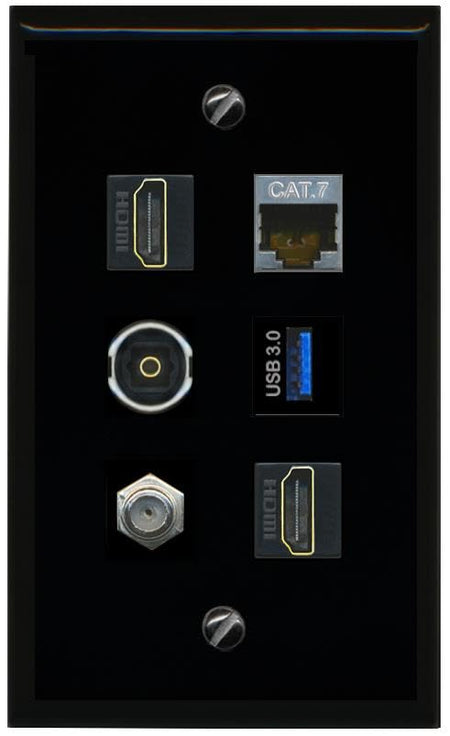 RiteAV CAT7 Coax 2 HDMI TOSLINK USB 3 Flat/Solid Wall Plate [Black]