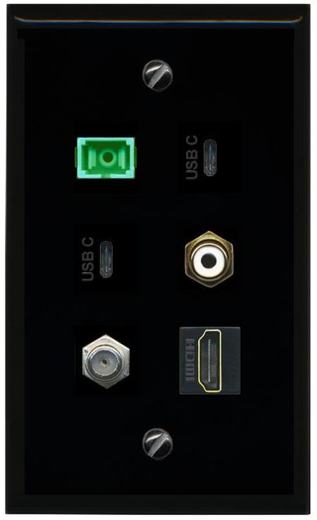 RiteAV Coax HDMI RCA White SC APC Simplex Fiber 2 USBC Flat/Solid Wall Plate [Black]