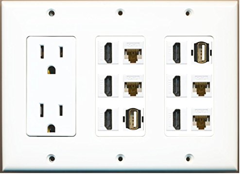 RiteAV - (3 Gang) 15A Power Outlet 6 HDMI 4 Cat6 White 2 USB A-A Wall Plate White