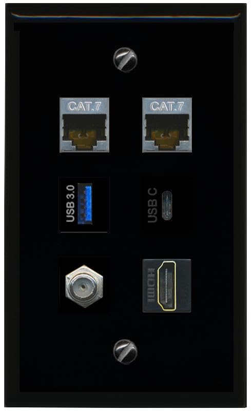 RiteAV 2 CAT7 Coax HDMI USB 3 USBC Flat/Solid Wall Plate [Black]