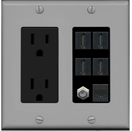 RiteAV 4 Port HDMI 1 Coax Cable TV- F-Type 1 Cat5E Ethernet Wall Plate - Outlet [Gray/Black]