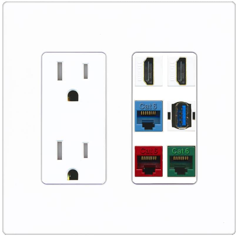 RiteAV 2 HDMI 3 Cat6 Ethernet USB3 Mixed Color Wall Plate - Tamper-Resistant [Screwless White]