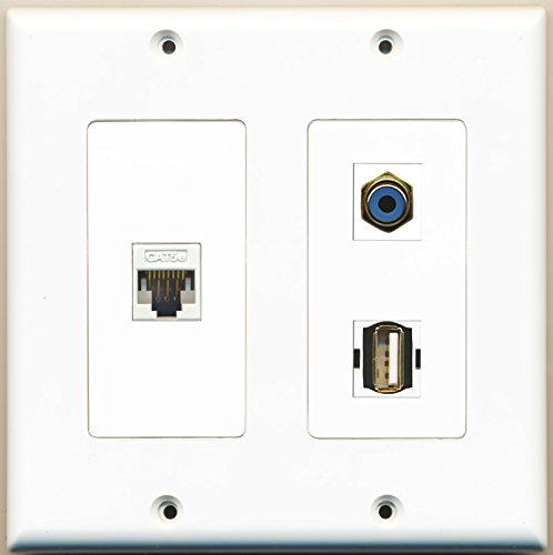 RiteAV - 1 Port RCA Blue 1 Port USB A-A 1 Port Cat5e Ethernet White - 2 Gang Wall Plate
