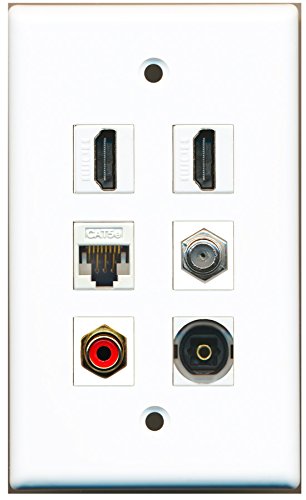 RiteAV - 2 HDMI 1 Port RCA Red 1 Port Coax Cable TV- F-Type 1 Port Toslink 1 Port Cat5e Ethernet White Wall Plate