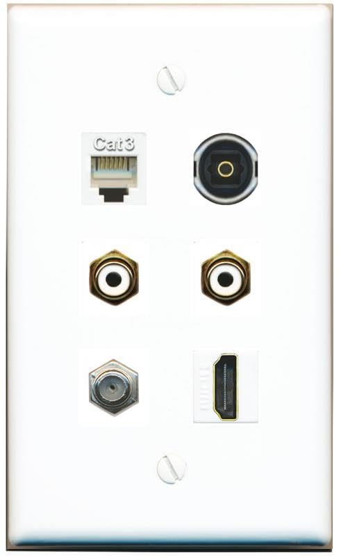 RiteAV Coax HDMI Phone 2 RCA-White TOSLINK Flat/Solid Wall Plate [White]
