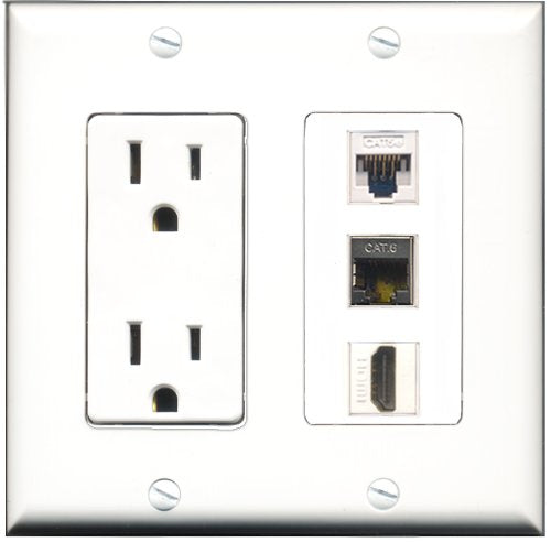 RiteAV - 15 Amp Power Outlet 1 Port HDMI 1 Port Shielded Cat6 Ethernet Ethernet 1 Port Cat5e Ethernet White Decorative Wall Plate