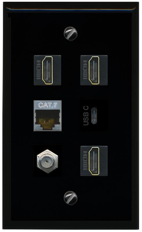 RiteAV CAT7 Coax 3 HDMI USBC Flat/Solid Wall Plate [Black]