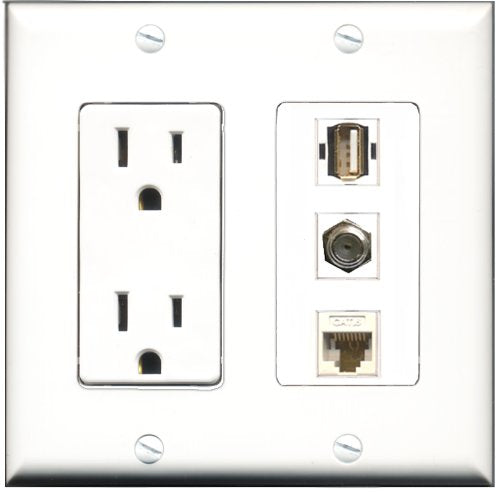 RiteAV - 15 Amp Power Outlet 1 Port Coax 1 Port USB A-A 1 Port Cat6 Ethernet Ethernet White Decorative Wall Plate