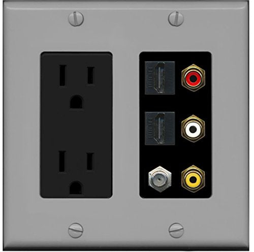 RiteAV - 2 x 15 Amp 125V Power Outlet 3 x RCA - 2 X HDMI and 1 x Coax Cable TV Port Wall Plate - Gray/Black