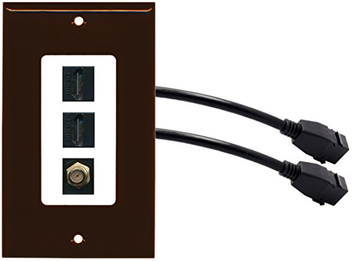 RiteAV (1 Gang Decorative 2 HDMI Black Coax Wall Plate w/Pigtail Extension Cable Brown on White