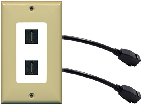 RiteAV (1 Gang Decorative 2 HDMI Black Wall Plate w/Pigtail Extension Cable Ivory on White