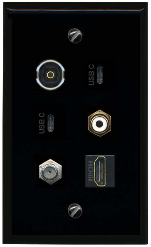 RiteAV Coax HDMI RCA White TOSLINK 2 USBC Flat/Solid Wall Plate [Black]
