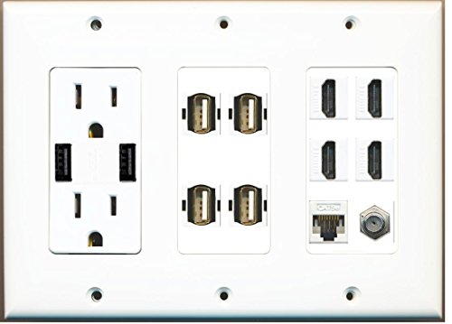 RiteAV - (3 Gang Outlet with 2X USB Charger 4 HDMI Coax Cat5e 4 USB A-A Wall Plate White