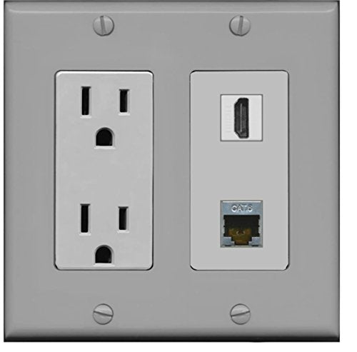 RiteAV - 15 Amp Power Outlet and 1 Port HDMI and 1 Port Shielded Cat6 Ethernet Decorative Type Wall Plate - Gray