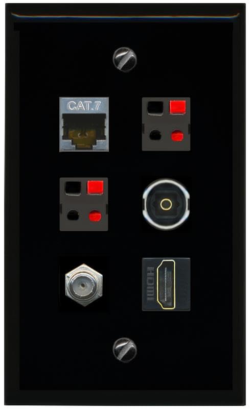 RiteAV CAT7 COAX HDMI 2 SPEAKER TOSLINK Flat/Solid Wall Plate [Black]