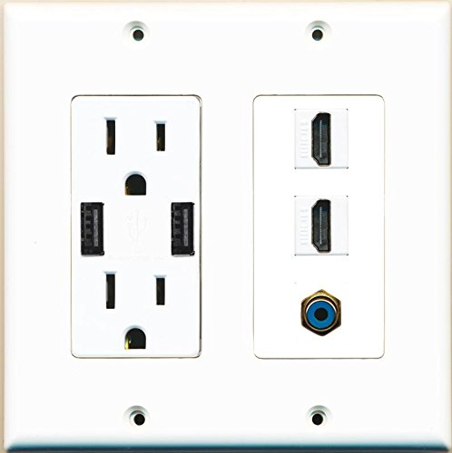 RiteAV 15 Amp 125V Power Outlet (2 Powered USB Charger Receptacle) 2 Hdmi RCA Wall Plate White