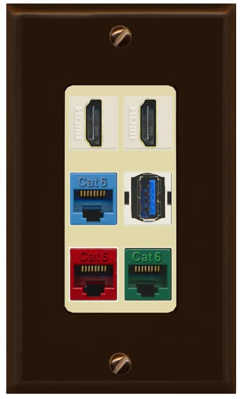 RiteAV 2 HDMI 3 Cat6 Ethernet USB3 Mixed Color Wall Plate - 1 Gang [Brown/Ivory]