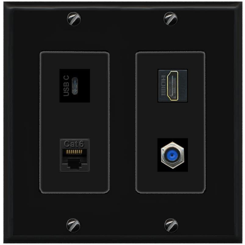 RiteAV USBC HDMI Cat6 Coax F81 Wall Plate - 2 Gang [Black/Black]