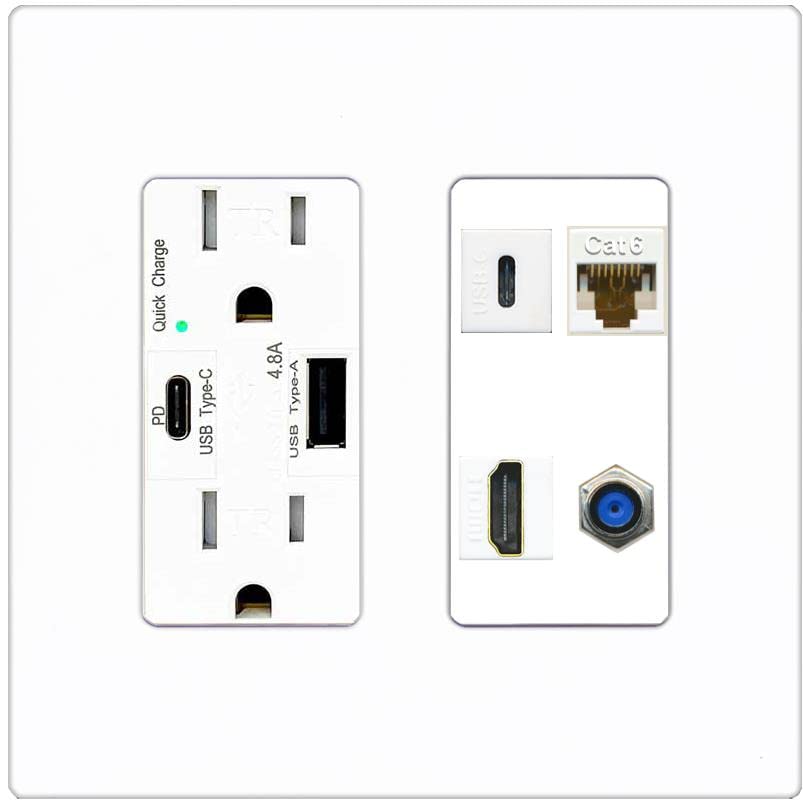 RiteAV USBC HDMI Cat6 Coax F81 Wall Plate - USB A+C Charger [Screwless White]