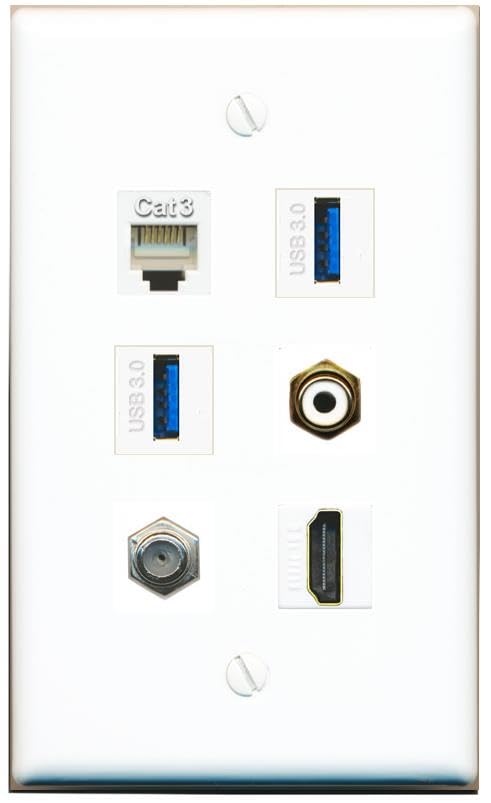 RiteAV Coax HDMI Phone RCA-White 2 USB-3 Flat/Solid Wall Plate [White]