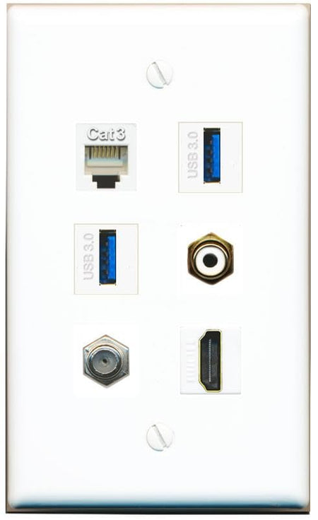 RiteAV Coax HDMI Phone RCA-White 2 USB-3 Flat/Solid Wall Plate [White]