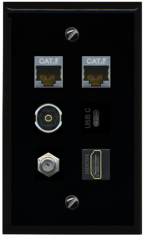 RiteAV 2 CAT7 Coax HDMI TOSLINK USBC Flat/Solid Wall Plate [Black]