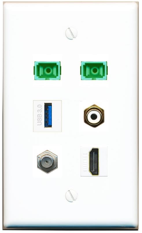 RiteAV Coax HDMI RCA-White 2 SC-APC-SX USB-3 Flat/Solid Wall Plate [White]