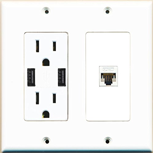 RiteAV USB Charger Outlet 15A/125V with Dual 3.6A USB Charging Ports and 1 x Cat5e Ethernet Decorative White Wall Plate